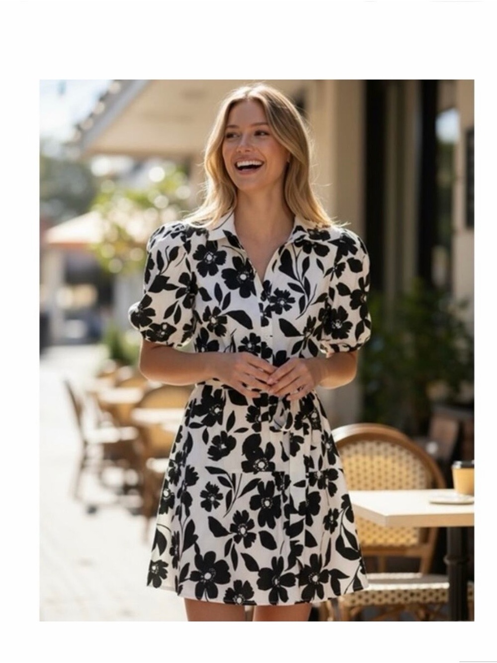 Jessica Simpson Black & White Floral Puff-Sleeve Mini Dress